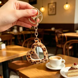 Hartvormige luipaard pluche spiegel sleutelhanger, mooie pluizige tasaccessoire stijl.