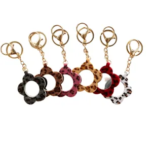 Porte-clés miroir en peluche imprimé léopard fleur, charm de sac mignon mini miroir de maquillage.