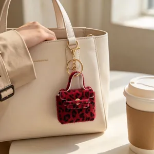 Mini chic μπρελόκ τσάντα λούτρινη θήκη ακουστικών με λεοπάρ τύπωμα σε ρετρό στυλ.