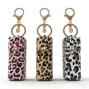 Portachiavi Portatile Porta Rossetto con Stampa Leopardo Custodia in Pelle Ecologica per Lucidalabbra con Anello a Scatto Dorato