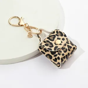 Portachiavi borsa quadrata mini stampa leopardo in pelle PU con ciondolo portamonete chic.