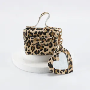 Portachiavi Borsa Quadrata Piccola Stampa Leopardata Pelle PU Specchio Cuore Portamonete Ciondolo Moda