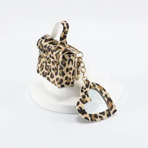 Portachiavi mini borsa stampa leopardo con specchio cuore ciondolo in pelle PU accessorio