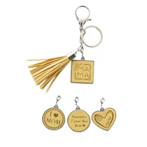 Geel leer kwast sleutelhanger set, schattige mama letter print metalen tas bedel.