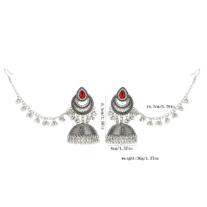 Boucles d'oreilles jhumka bohèmes strass style indien avec chaîne de cheveux et dimensions.