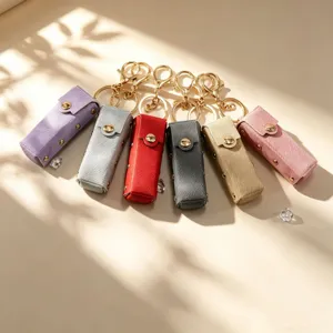 Leren lipstickhoesje sleutelhanger set, draagbare mini muntzakje portemonnee drukknoop.