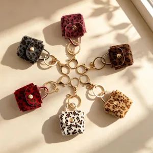 Retro luipaardprint pluche mini portemonnee sleutelhanger, schattige tasbedel hanger.