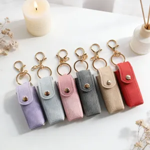 Custodia per Rossetto in Finta Pelle Denim Portachiavi Mini Porta Rossetto Borsa Porta Balsamo per Labbra Con Bottone Automatico in Metallo Anello Chiave
