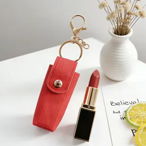Astuccio per rossetto in pelle rossa portachiavi mini custodia cosmetica portatile con anello