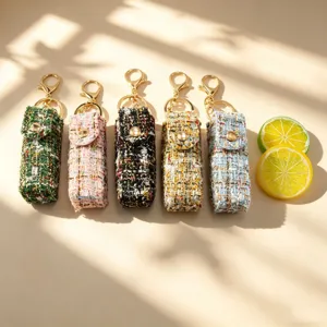 Tweed lipstick etui sleutelhanger set retro chique mini lipstickhouder tas hanger goud