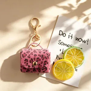 Mini borsa in peluche leopardato rosa portachiavi carina custodia auricolari soffice