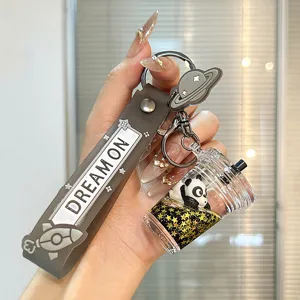 Cute cartoon liquid floating glitter milk tea cup keychain stylish backpack car pendant