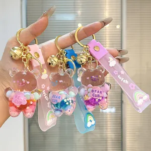 Cute Liquid Quicksand Bear Keychain Sweet Style Acrylic Key Chain Bag Pendant Car Hanging Ornament Accessories