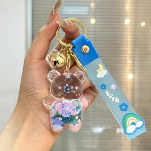 Liquid quicksand bear keychain cute sweet transparent acrylic bag charm pendant accessory