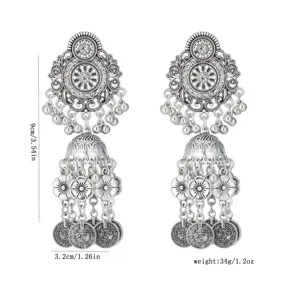Boucles d'oreilles pendantes bohèmes ethniques vintage argentées à franges de pièces