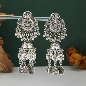 Boucles d'oreilles pendantes bohèmes ethniques style Jhumka gland pièce argent ancien