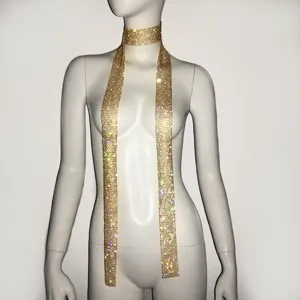 Collar largo de bufanda de diamantes de imitación dorados brillante cristal choker fiesta