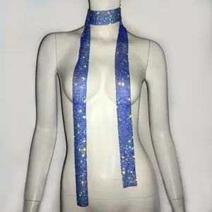 Bufanda de malla de diamantes de imitacion azul collar de festival brillante cuerpo