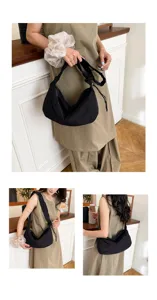 Casual black ruffled shoulder crossbody dumpling bag, large capacity daily tote for women