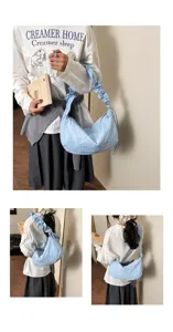 Detail view of the light blue crunched shoulder dumpling bag, showing daily casual style.