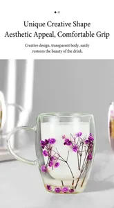 Detail view of double wall glass cup featuring dried purple flowers, aesthetic gift choice.
