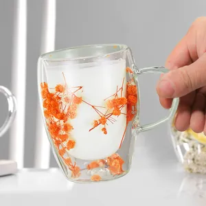Double wall glass coffee mug with real dried flowers inside, clear insulated cute tea cup