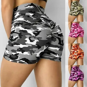 Detailed back view of women camouflage scrunch butt yoga shorts, high waist fitness activewear.