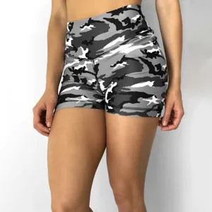 High waist camouflage yoga shorts for women, tight fitness gym sports activewear detail view.