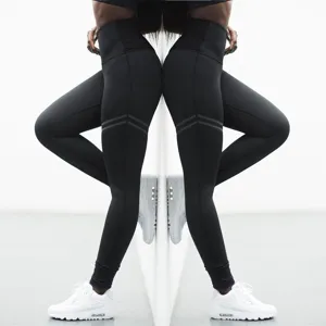 High waist fitness leggings for women, black elastic yoga pants with double stripe print.