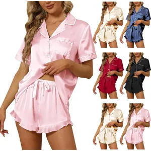 Ensemble pyjama satin manches courtes femme col V vêtements de nuit doux short.