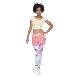 Dames geprinte yogaleggings gedetailleerd overzicht, levendig gradient boho mandala patroon.