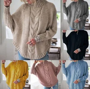 Women's Casual Batwing Sleeve Turtleneck Cable Knit Pullover Sweater Variant Options