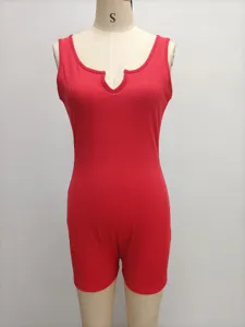 Women solid color ribbed knit V-neck sleeveless slim fit romper casual summer jumpsuit