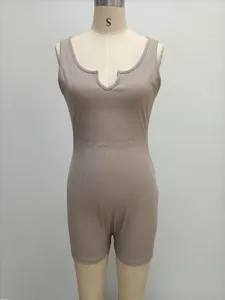 Solid color ribbed knit V-neck sleeveless slim fit jumpsuit detail for women summer.
