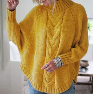 Women's yellow turtleneck cable knit oversized batwing sleeve sweater for autumn winter.