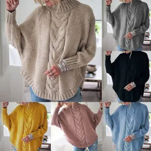 Women's Loose Batwing Sleeve Mock Neck Cable Knit Sweater Fall Winter Oversized Solid Color Knitted Pullover Top