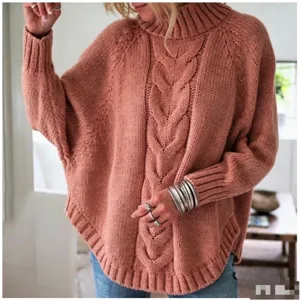 Chic women's turtleneck cable knit batwing sleeve sweater for autumn and winter casual wear.