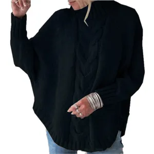 Women's black high neck batwing sleeve cable knit sweater casual loose pullover top