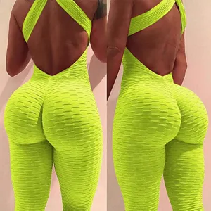 Neon green one piece yoga jumpsuit, ribbed textured fitness bodysuit, backless activewear.