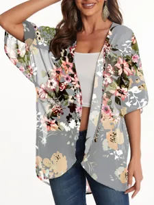 Close-up detail of the floral print chiffon kimono cardigan, showing lightweight fabric.