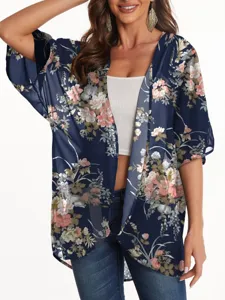 Women floral chiffon kimono cardigan summer beach sunscreen cover up top detail show.
