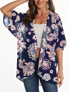 Women Floral Chiffon Kimono Cardigan Summer Beach Cover Up Boho Open Front Sun Protection Top