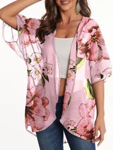Women pink floral chiffon kimono cardigan summer beach cover up loose casual outerwear top