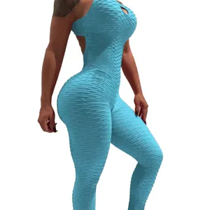 Sexy one-piece yoga jumpsuit for women, textured activewear workout fitness bodysuit.