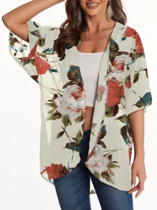 Floral print chiffon kimono cardigan detail, lightweight open front half sleeve beach cover up.