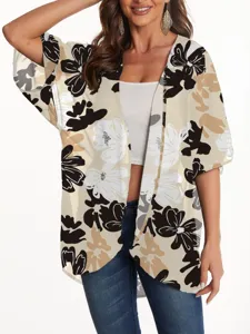Floral print chiffon kimono cardigan, lightweight sun protection beach cover-up top.