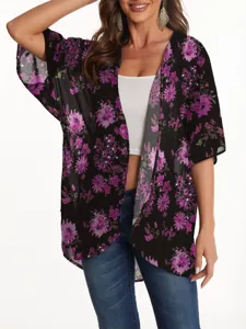 Women floral print chiffon kimono cardigan casual open front beachwear summer cover up top