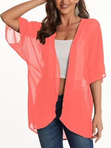Detailed view of women casual sheer chiffon kimono cardigan in coral pink, lightweight sun cover up.