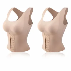 Débardeur gainant sans coutures pour femme avec crochets avant et bonnets couleur chair.