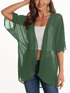 Detailed view of the dark green sheer chiffon kimono cardigan showcasing lightweight sleeve fabric.